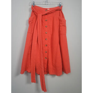 Maeve Riviera Midi Skirt Womens 4 Linen Blend Button Front Tie Waist Coral